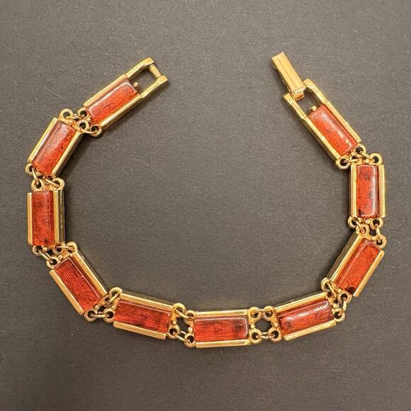 Vintage Emmons Faux Tortoise Shell Acrylic Lucite Bar Gold Tone Link Bracelet - Picture 1 of 8